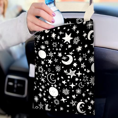 Image of IRADA Car Trash Bag Hanging No Snap Small Garbage Bag for Car Back Seat Cute Printed One-Handed Strap Trash Bags Car Accessories-Moon and Star Black Car Trash Bags