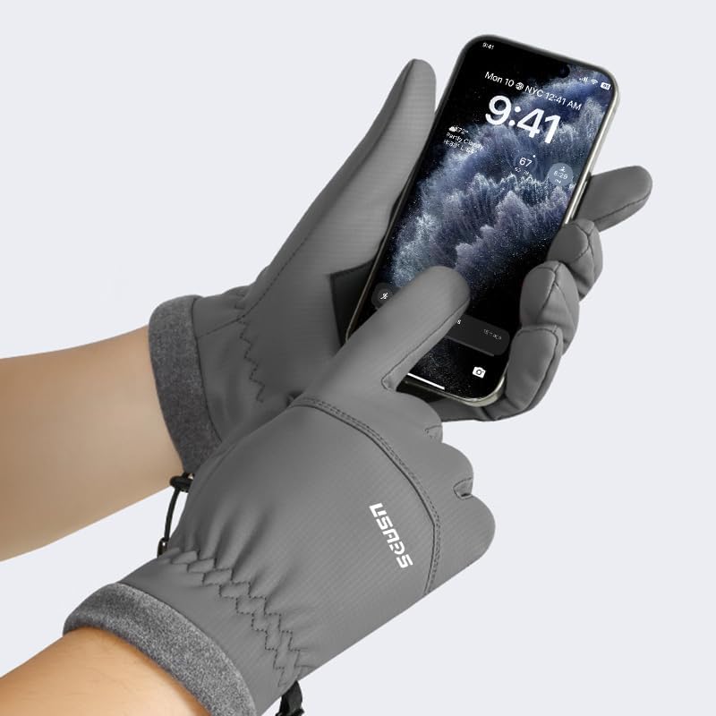 Winter Thermal Cycling Gloves, Windproof Faux Leather with Adjustable Drawstring & Touchscreen Fingers, Non-Slip Grip for Cold Weather Biking, Black and Grey - Image 5