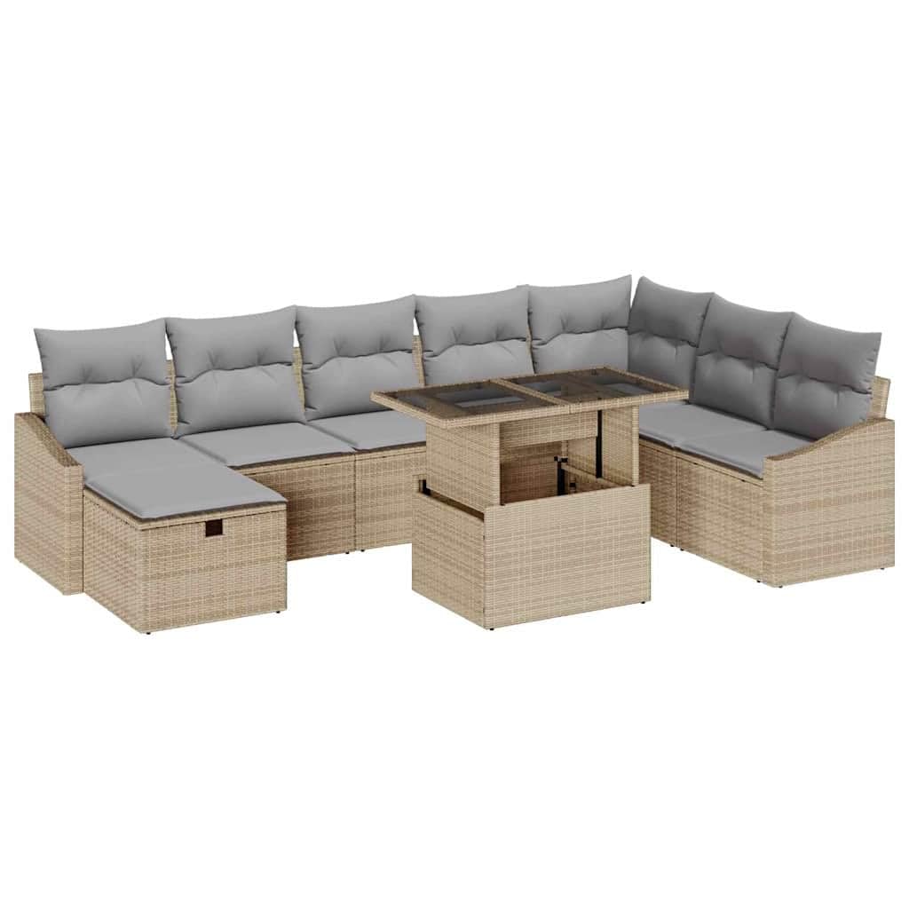 Juego de 9 sofás de jardín beige de polirratán con espacio de almacenamiento, diseño moderno, resistente y duradero, para balcón, terraza, jardín, salón, muebles de exterior