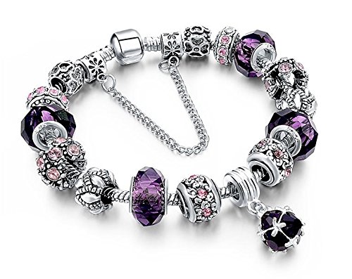 BSu00a0u0096u00a0Pulsera con colgantes,u00a0chapada en plata y cristales morados, colección 'Caja de Pandora' exclusiva de 2017