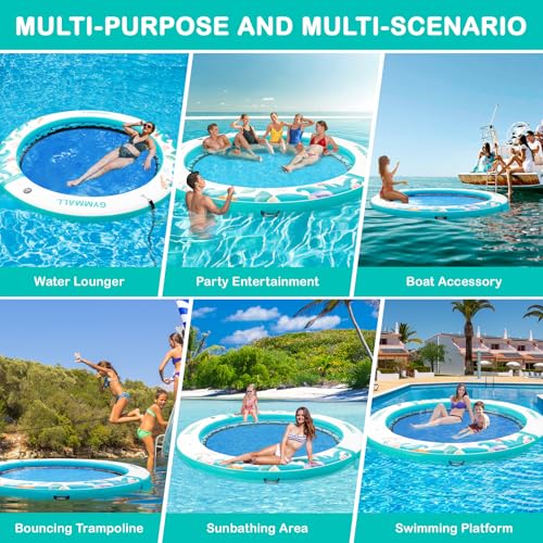 Image of Inflatable Water Hammock Floating Dock 8 FT with Mesh, Tanning Pool Raft Round Ring for Adults, Float Platform for Lake and Beach with Water Ladder and Cup Holder