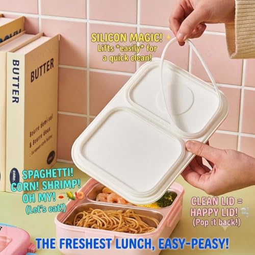 Image of JOUET 700ml Stainless Steel 3 Compartment Lunch Box with Foldable Spoon & Gravy Container, Kids Tiffin Box for School, Office & Travel - Green