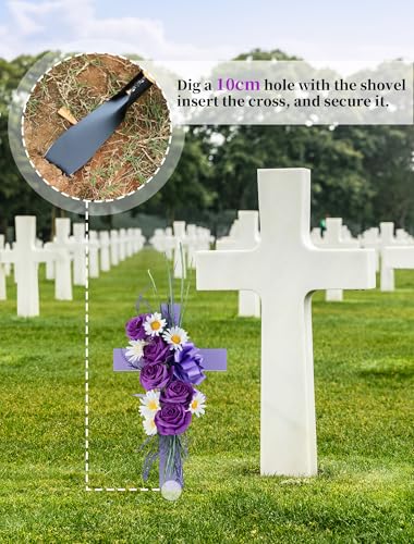 Cross for Cemetery Grave with Flowers: Outdoor Grave Decorations - 1Pc Purple Roses Artificial Flowers Memorial Wooden Cross image 4