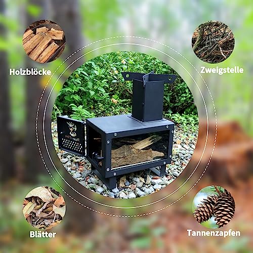 BiggerFire Mini Raketenofen Tragbar Mini Holzofen mit Tragetasche zum Kochen und Wasser Kochen und Heizen,Rocket Stove ohne Gas für Terrasse, Campingofen, BBQ,Kann auf dem Tisch verwendet Werden – Bild 3