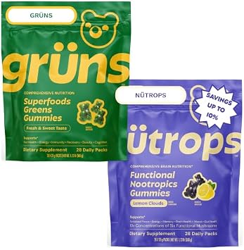 Gruns Multivitamin Greens Gummies + Nutrops Mushroom Gummies 2x28 Pack | Daily superfood greens & mushroom gummies support gut health, immunity & cognitive focus, prebiotic fiber, adaptogens