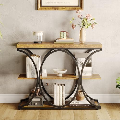 Garvee Entryway Table with Storage, Industrial 4-Tier Narrow Console Table Behind Couch with Half-Circle Base & Storage Shelves for Living Room, Hallway, Foyer