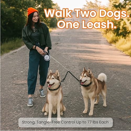 PetVest Dual Retractable Dog Leash – 16 FT Tangle-Free Leash for 2 Dogs, Detachable for Single Use, One-Button Brake & Lock, Up to 77 lbs Each, 360° Swivel, Non-Slip Handle + Poop Bag Holder by PetVest - Image 5
