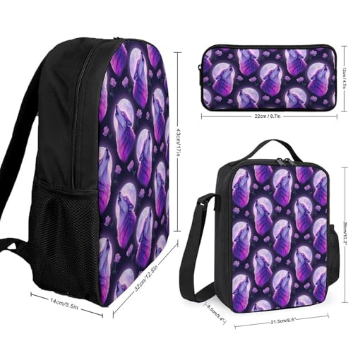3 Pcs Backpack Set Travel Backpack Casual 17 Inch Daypack Purple Moon Wolf College Bookbag with Insulated Lunch Bag and Pencil Pouch2