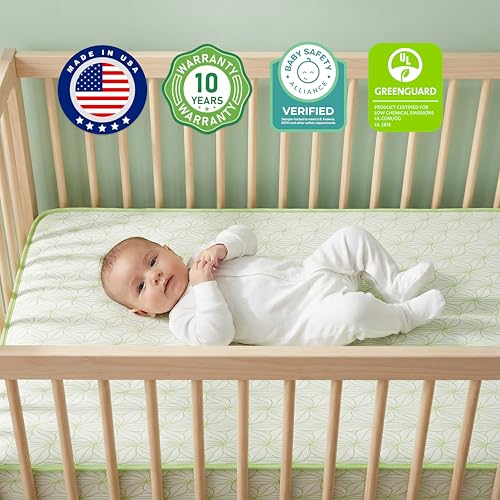 Image of Dream On Me 2-in-1 Meadow Baby Crib Mattress, GREENGUARD Gold | Made in USA, Dual Sided, BSA Verified, ASTM & CPSC Tested, Fits Full Size Crib and Toddler Bed 52 inchx28 inchx5 inch, Waterproof Cover