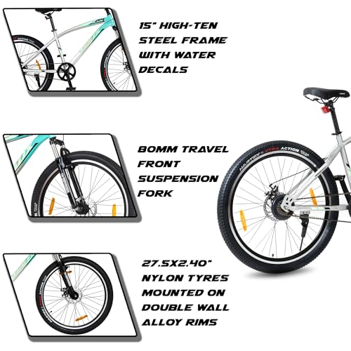 Image of Vaux Blaze 27.5T Cycle for Men| Single Speed MTB| 15 inch Hiten Steel Frame | Dual Tone Colors | Dual Disc Brakes | 27.5 * 2.4 Nylon Tyres | 80mm Front Suspension| Double Wall Alloy Rims(Silver-Green)