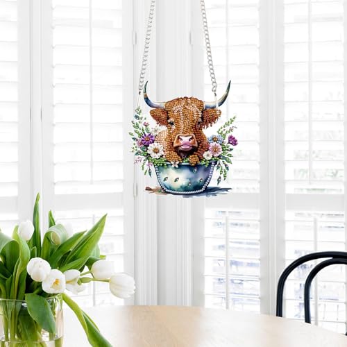 Image of AiYuanzsh Highland Calf Diamond Art Hanging Pendant Kit, DIY Acrylic Diamond Painting Ornament with 5D Special Shaped Crystal Rhinestones, Decorative Wall or Garden Craft Gift for Adults