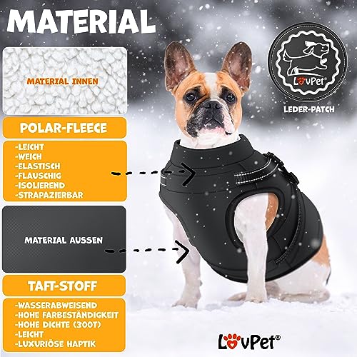 LOVPET® Hundejacke Hundemantel mit Geschirr, inkl. 45 Stück Kotbeutel + Spender, Hunde Winterweste gefüttert wasserdicht, Gepolsterte Weste Mit Brustgurt, Reflektoren, D-Ring L, Schwarz
