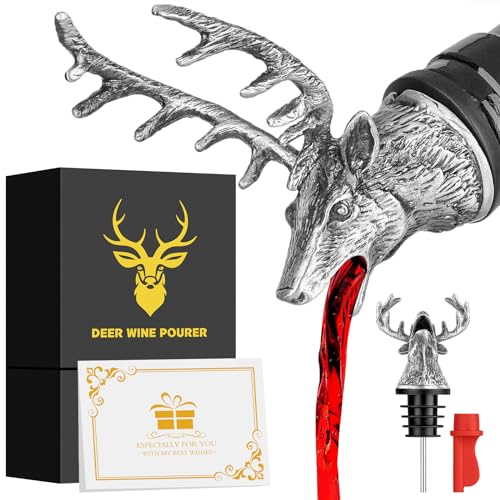 LKKCHER Deer Head Wine Bottle Pourer and Stopper Birthday Gifts Hunting Gifts for Hunters Men Dad Liquor Bottle Pourers Spout for Alcohol Spirits, Stag Gifts Wine Gifts, Dark Silver