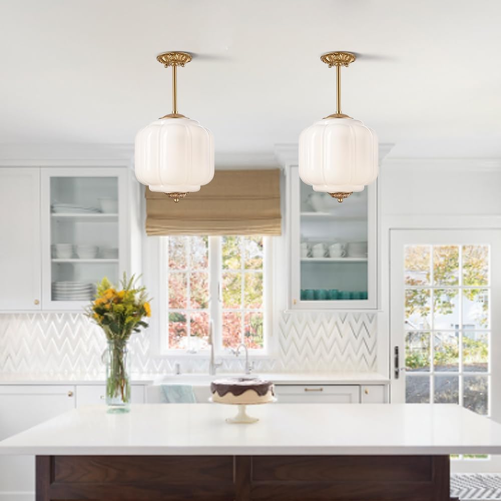 Vintage Milk Glass Ceiling Light Fixture, Antique White Semi Flush Mount Milk Glass Pendant Light, 9.8" Farmhouse Mid Century Ceiling Light for Kitchen Hallway Schoolhouse Dining Room Bedroom