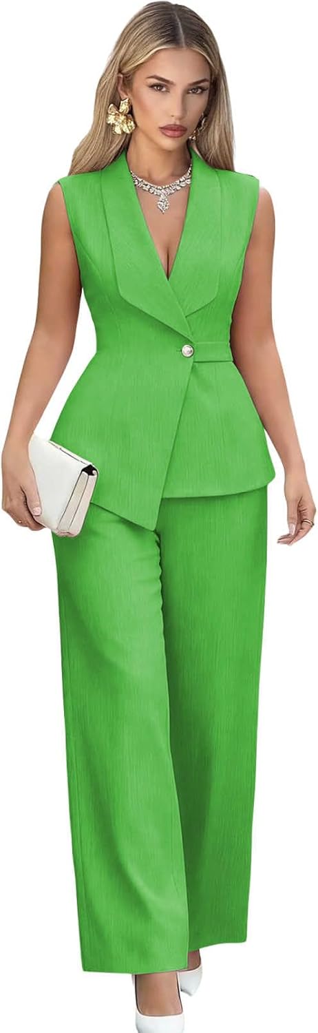 Pant Suits for Women 2 Piece Suit Sets Sleeveless Blazer Vest and Wide Leg Pants 1 Button Business Casual Outfits