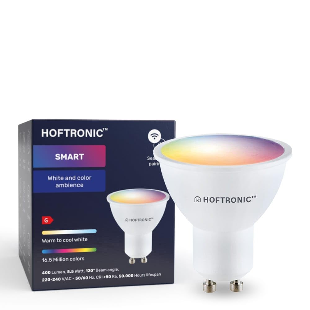 HOFTRONIC - 3er GU10 Smart Lampe RGBWW, Wlan (WiFi+Bluetooth) leuchtmittel RGB, 2700K-6400K (16,5 Millionen Farben) Dimmbar über App & Sprache - Kompatibel mit Alexa Echo, Siri, Google Home