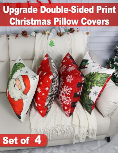 Image of multiwins Christmas Decorations Set of 4 Double-Sided Print Christmas Pillow Covers 18 inch x 18 inch, with 8 Cute Patterns, Throw Pillow Covers Perfect for Home Christmas Decor