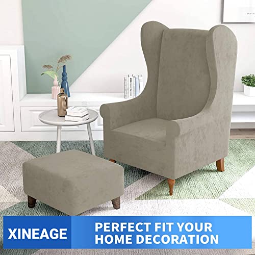 XINEAGE 1 Piece Velvet Wingback Chair Slipcover Stretch Wing Chair Cover Non Slip Furniture Protector with Foam Rods for Living Room (Wingback Chair, Khaki) - Image 2