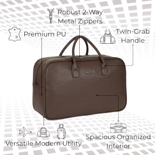 Image of Nautica Unisex 30L Travel Duffle Bag | Premium PU Vegan Leather with Twin Grab Handles for Men & Women | Spacious Main Compartment with Organised Pockets for Weekend Travel Trips | Dark Brown