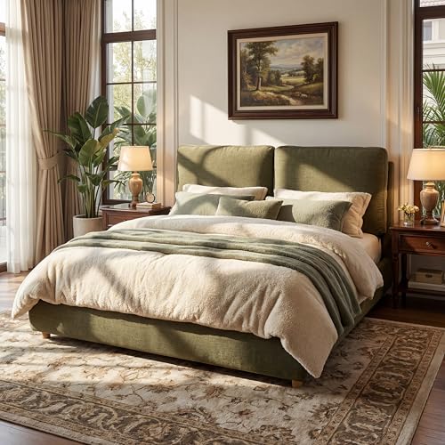Merax King Size Boucle Fabric Upholstered Platform Bed with Two Removable Pillow Headboard Wood Bed Frame with Solid Round Legs for Kids Teens Adults Olive Green
