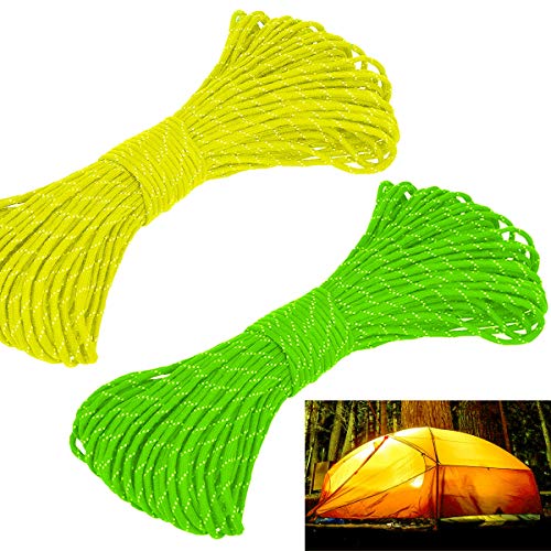 Osuter 2PCS Cuerda Reflectante Fuerte 62M Cuerda de Paracaídas para Tienda Acampada Senderismo Mochilero(Amarillo y Verde)