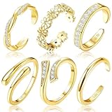 huoflame 6pcs Toe Rings Set for Women - Adjustable 14K Gold Filled Open Bands, Non Tarnish Hypoallergenic Summer Beach Foot Jewelry with Flowers, Plain Styles