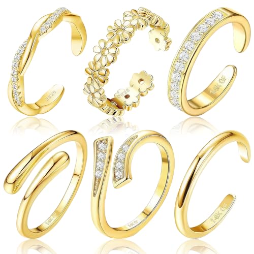 huoflame 6pcs Toe Rings Set for Women - Adjustable 14K Gold Filled Open Bands, Non Tarnish Hypoallergenic Summer Beach Foot Jewelry with Flowers, Plain Styles