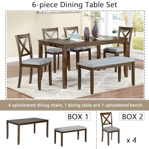 Image of Harper & Bright Designs 6-Piece Dining Table Set with 4 Upholstered Chairs & Bench, 58.5 inch Rectangular Solid Wood Frame Table, Dining Table Set for 6 People, Living Room, Home Bar and Kitchen,Walnut