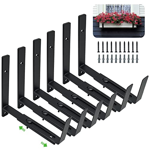 Pusonor Adjustable Window Box Bracket 6 Pack Heavy Duty Planter Box Bracket Flower Box Holder Wall Mount Suitable for Planter Boxes 6 inches to 12 inches Deep