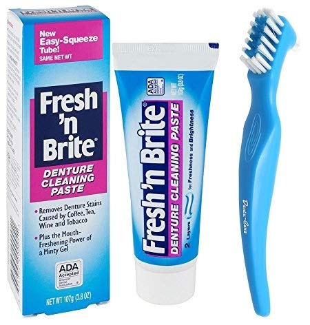 Fresh’n Brite Denture Cleaning Paste Tablets bundle with Dentu-Care Denture Brush for Maintaining Good Oral Care of Full/Partial Dentures
