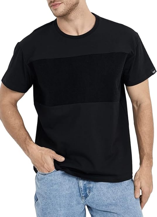 Men’s Customizable Black T-Shirt with Patches Area, Medium, Regular Fit, Boat Neck, Soft Cotton-Lycra Blend for Personalization