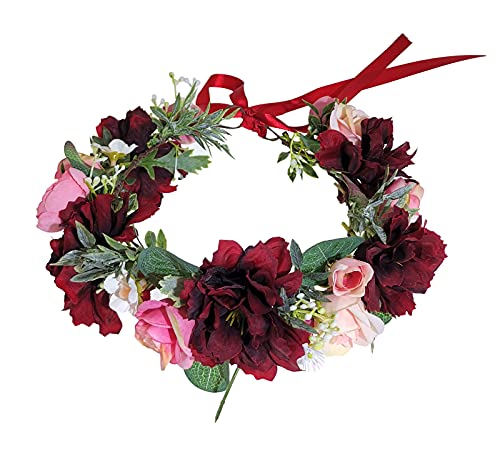 DDazzling Women Flower Headband Wreath Crown Floral Wedding Garland Wedding Festivals Photo Props (Burgundy and Pink Flower) - Thumbnail 2