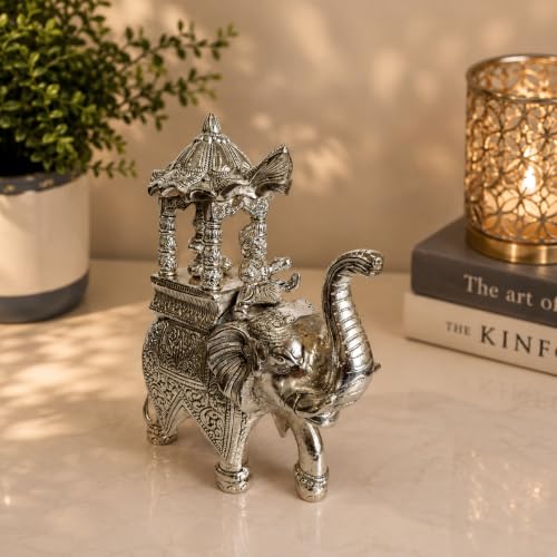 Image of eCraftIndia Silver Finish Decorative Elephant Ambabari Showpiece | Royal Elephant Figurine for Home Decor | Lucky Feng Shui Statue for Living Room, Office, Tabletop & Gift