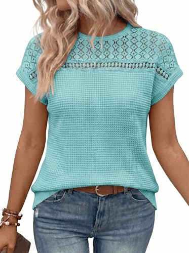 Dokotoo Summer Tops for Women Waffle Knit Boho Crochet Short Sleeve T Shirts Round Neck Cute Tshirts Womens Sweaters Fashion 2026 Loose Blouses Casual Trendy Clothes Clothing Basic Tees Blue L
