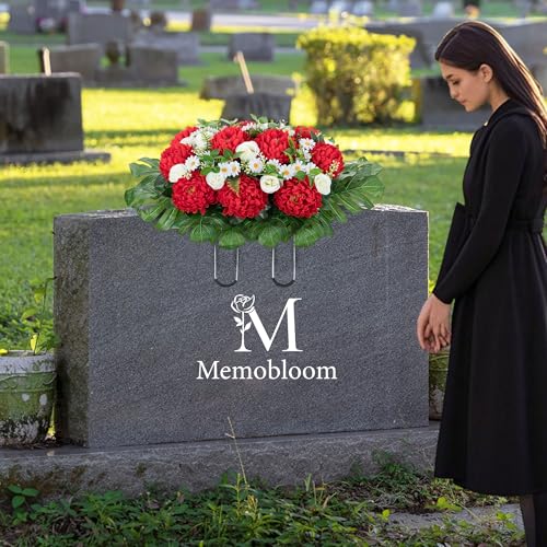 Headstone Flower Saddle for Cemetery: 1 Pc Red Chrysanthemum Artificial Cemetery Saddles for Headstones - Outdoor Grave Decorations image 2