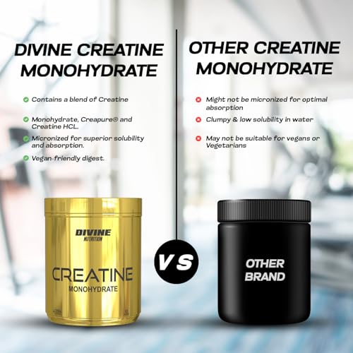 Image of Divine Nutrition Creatine Monohydrate Powder, 100% Micronized & Unflavoured, Muscle Strength, Power & Recovery, No Loading Phase, 250g - 83 Servings