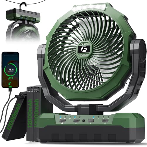 Image of FRIZCOL 3-in-1 Camping Fan - Portable Fans Rechargeable - 36000mAh Detachable Battery Powered Fan with Light & Remote for Indoor, Outdoor, Tent, Travel, Fishing, Jobsite, Gifts for Men Dad Him - Green