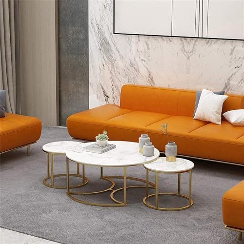 Image of Wood 3 Piece Living Room Table Set, 1 Center Table And 2 End Nesting Tables Round Stacking Coffee Side Table For Small Space, Nightstand Bedside Table White And Golden