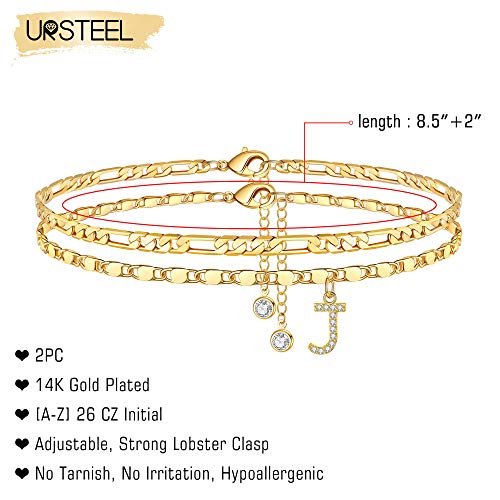 Image of Ursteel Ankle Bracelets for Women, 14K-Gold-Plated Dainty Layered Chain CZ Initial Anklets Set Summer Jewelry Gifts for Women