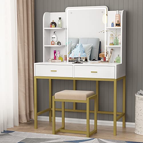 Aousthop Vanity Set With Lighted Mirror, Makeup Vanity Dressing Table With Led Lights, Storage Shelves, Cushioned Stool & 2 Drawers, Dresser Desk For Bedroom, Gold-White #TOP7