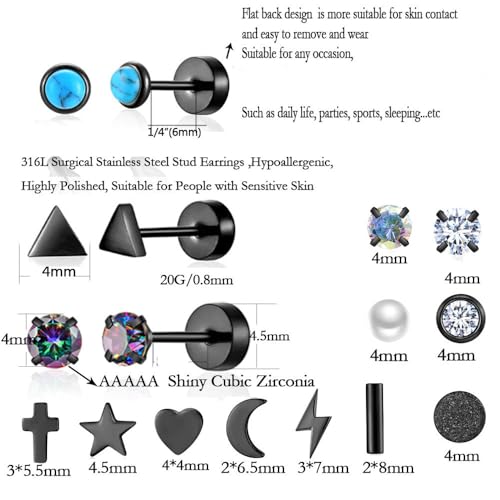 38Pcs Stainless Steel Earrings Set for Women Men 14K Gold Plated Small Flat Back Stud Earrings Hoop Earrings Women Men Hypoallergenic Cubic Zirconia Earrings Cartilage Earrings Rook Daith Tragues Lobe Conch Septum Piercing Jewelry2