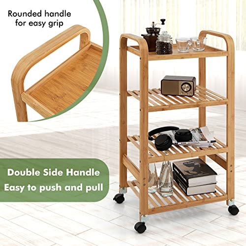 Costway 4-Tier Bamboo Rolling Cart, Kitchen Utility Serving Trolley With Locking Casters, Sided Handles, Multifunctional 4-Tier Storage Rack, Mobile End Table, Kitchen Island Stand Shelf On Wheels #TOP4