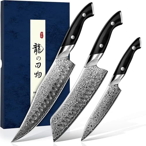 DRAGON RIOT Damastmesser-Set, 3-teilig Japanisches Damast-Küchenmesser-Set, Ultrascharfes Kochmesser-Set mit G10-Griff Geschenkbox