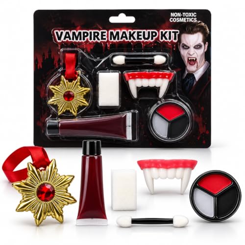 Kit Maquiagem Vampiro Halloween Completo, Sangue Falso, Dentes, Tintas Faciais, Esponja