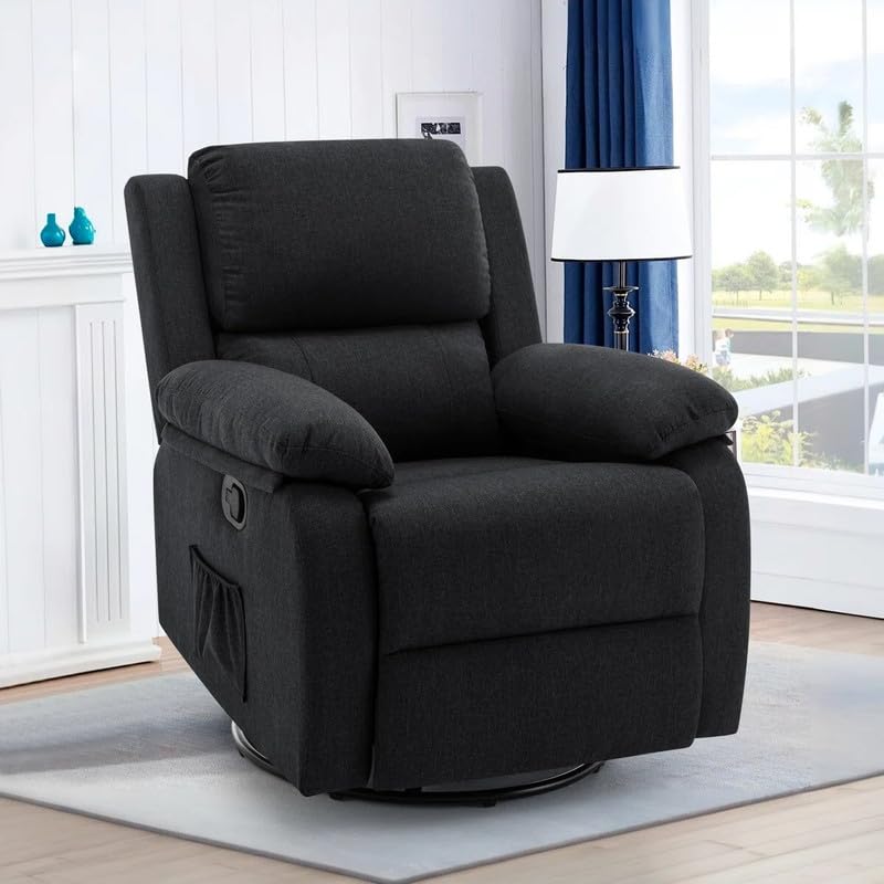 Image of Recliner Sofa 1 Seater | Manual Recliner Chair | 360 Swivel Rocker Recliners for Small Spaces,Rocker with Side Pockets Chairs for Living Room, Bedroom, Nursery, Black