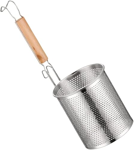 XENITE Cesta de pasta para hervir pasta, colador de araña, de malla con mango de madera, cuchara ranurada, colador de olla caliente, cucharón para