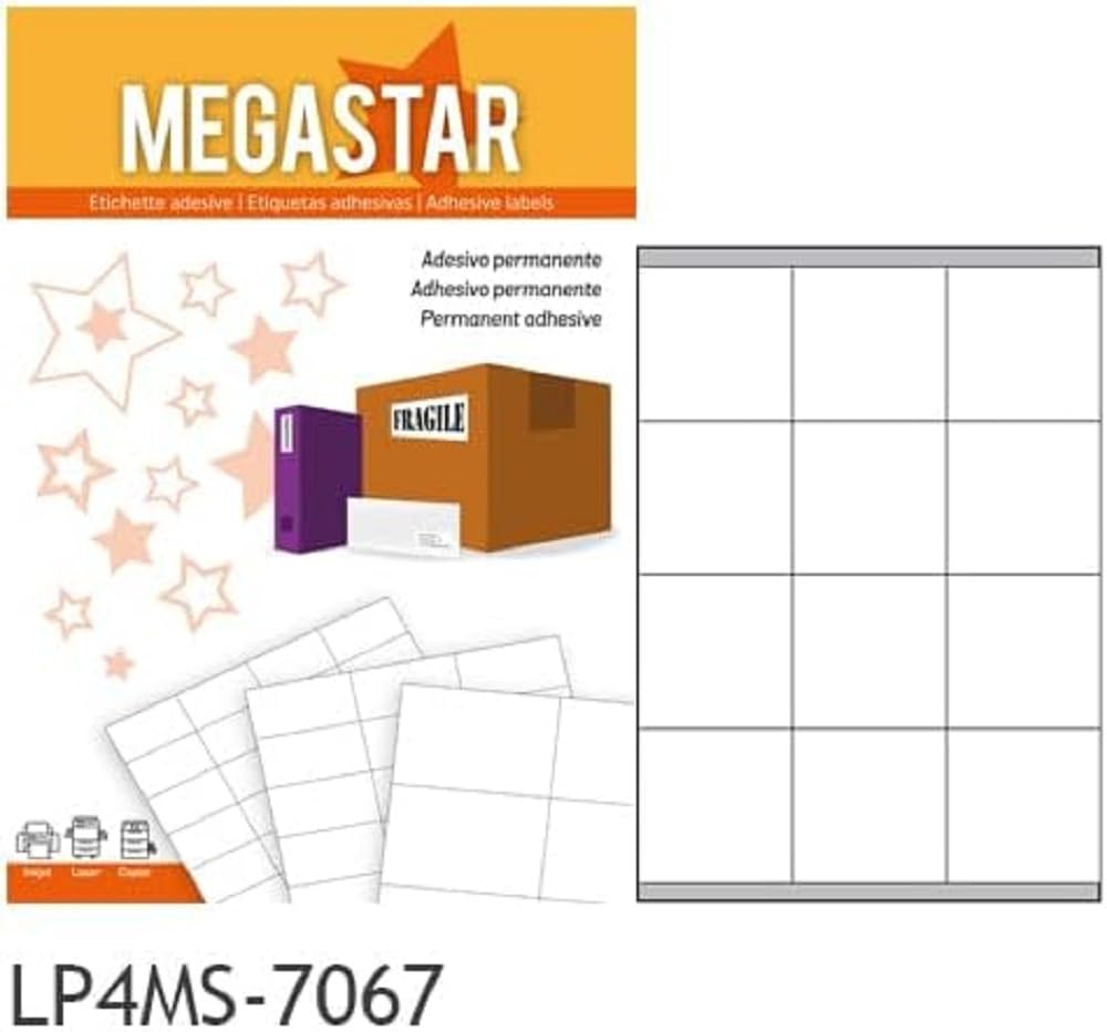 MEGASTAR 70 x 67.7 mm 12 Labels Per Sheet, Laser & Inkjet, 100 Sheets, LP4MS-7067