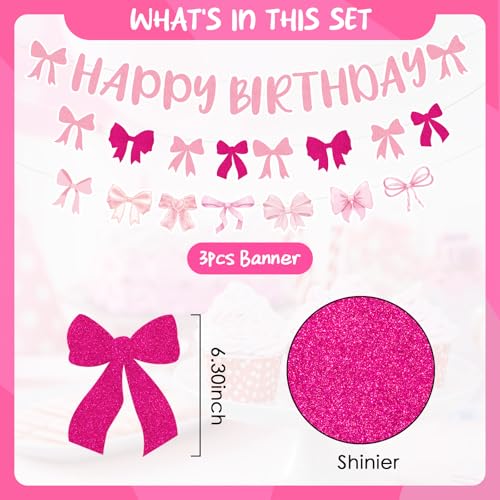 Image of Pink Coquette Birthday Banner - Sweet Bow Happy Birthday Decorations 3 Pcs Hanging Ribbon Banner Streamers Garland Decor for Girls Women Party Decoration Supplies
