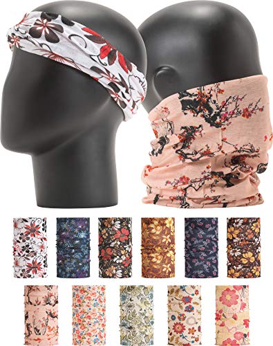 Leevo Pattern Bold Headwear Scarf Boho Headband Wrap Shield Neck Gaiter Bandana (Free Size (18.5” * 9.25”), Colorful Flowers No.1+2, 11pcs Total)
