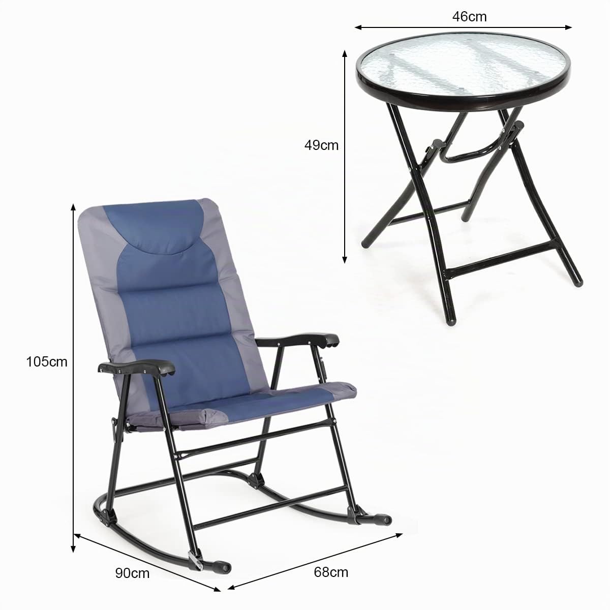 GYMAX Set 2 Sedie e Tavolino da Balcone, 2 Sedie a Dondolo, Sedile in Cotone Morbido e Tessuto, Schienale Ergonomico, Design Pieghevole, Ideale per Interno ed Esterno (Stile 1)
